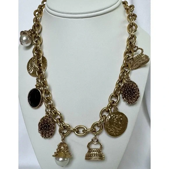 Vintage Victorian Revival Charm Necklace Chunky Rolo Chain Coins Pearls Goldtone - Picture 10 of 10